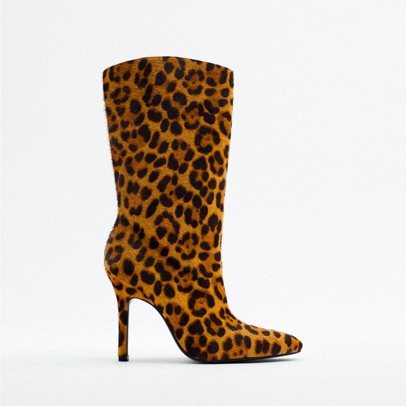 ZARA LEOPARD PRINT HEELED LEATHER ANKLE BOOTS - Picture 2 of 14